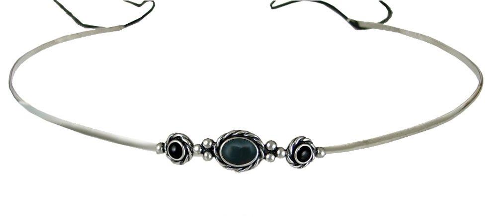 Sterling Silver Renaissance Style Exquisite Headpiece Circlet Tiara With Bloodstone And Black Onyx